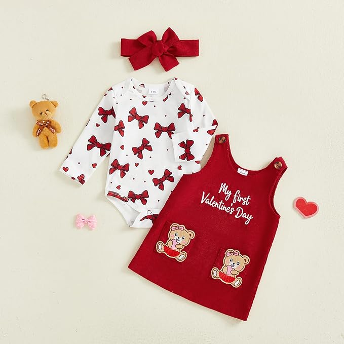 FIOMVA My First Valentines Day Outfit Clothes Baby Girl Romper Love Onesie Heart Embroidery Overalls Suspender Dress Set