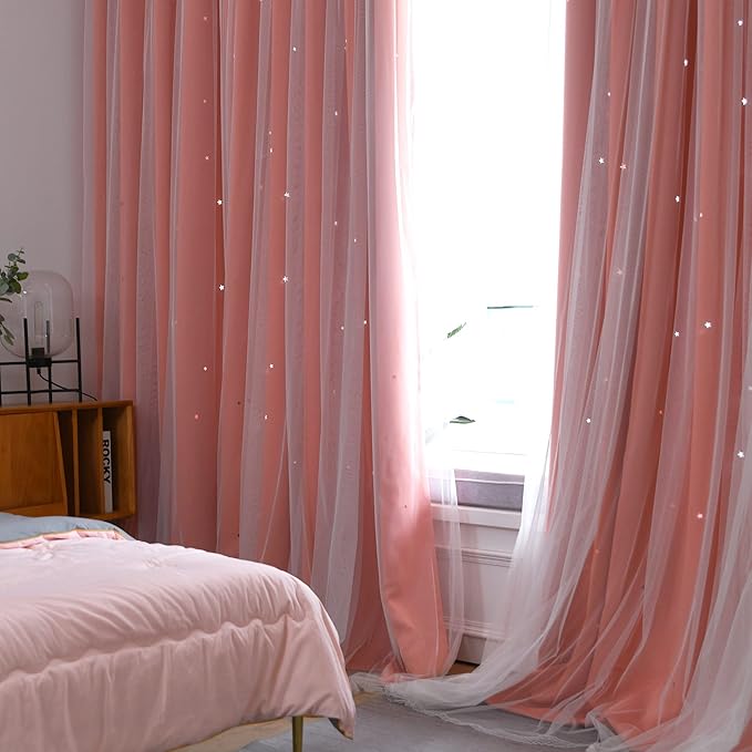 Kinryb Princess Curtains for Girls Bedroom with Sheer Overlay,Double Layer Curtain for Living Room with Star Cutout, Curtains for Kids Room (70 W*63 L Inches,2 Pcs Coral)