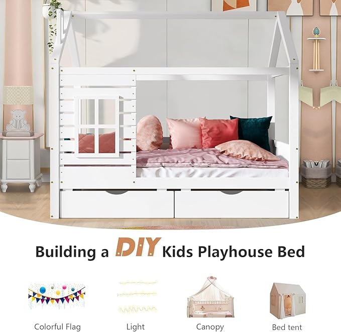 Full Size House Bed for Kids with 2 Storage Drawers, Full Playhouse Bed Frame with Roof and Window, Kids Full Size Bed Frames with Slats, Modern Wooden Montessori Bed for Bedroom, Full-White