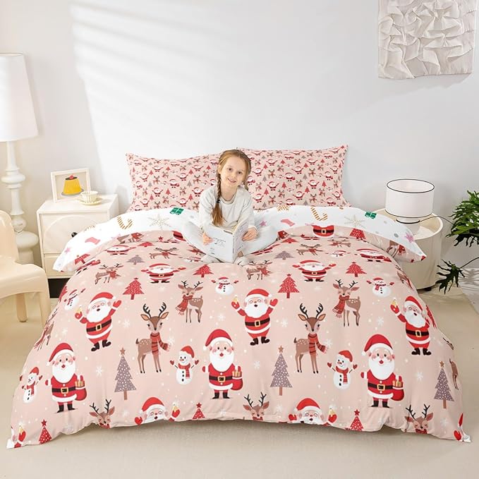 Christmas Kids Bedding Set Santa Claus Bedding Duvet Cover Set for Boys Girls Christmas Tree Deer Decor Comforter Cover Set Snowflake Xmas Theme Bedspread Cover Bedroom Quilt Cover 3Pcs Queen Size