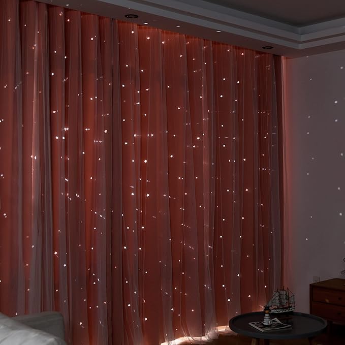 Kinryb Princess Curtains for Girls Bedroom with Sheer Overlay,Double Layer Curtain for Living Room with Star Cutout, Curtains for Kids Room (52 W*84 L Inches,2 Pcs Coral)
