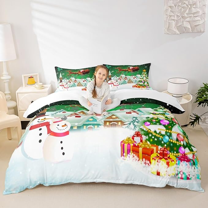 Manfei Christmas Duvet Cover Set Queen Size, Snowman Xmas Tree Comforter Cover with 2 Pillowcases, Santa Claus with Deer Bedding Set for Kids Boys Girls New Year Theme Bedspread Cover, No Comforter
