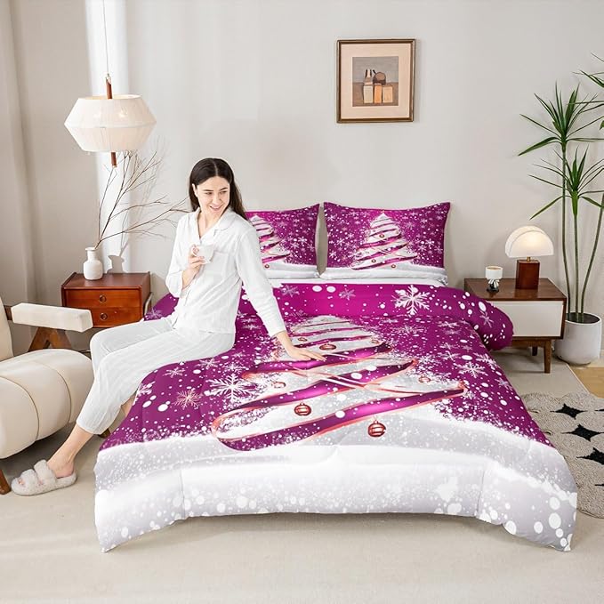 Feelyou Merry Christmas Bedding Set Soft for Boys Girls, Christmas Tree Comforter Set King Size Snowflake Duvet Quilt Microfiber Winter Bedroom Decor 3 Pcs with 2 Pillow Cases