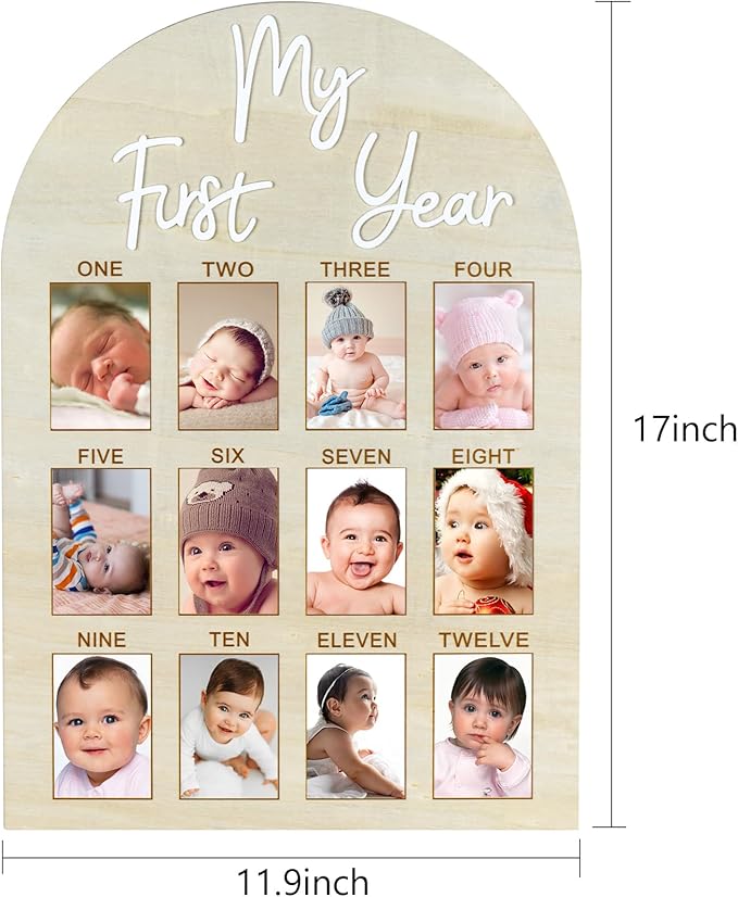 My First Year Arch Photo Frame, Natural Wooden Monthly Milestone Photo Frame for Baby Birthday Party Decorations, 17 x 11.9 inches