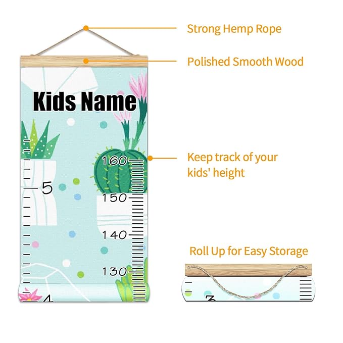 Personalized Kids Name Growth Chart Ruler for Wall Wood Frame Height Measure Chart 13.4x56 in Linen Hanging Height Growth Chart Cactus Green Kids Room Decor