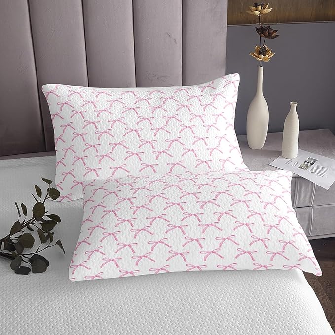 Cartoon Bowknot Kids Bedspread Queen Size,Pink Bow Tie Butterfly Knot Princess Coverlet Set,Girls Women Room Decor,Watercolor Bow Patchwork Quilted Coverlet,Pink White Bedding Quilt,2 Pillowcases