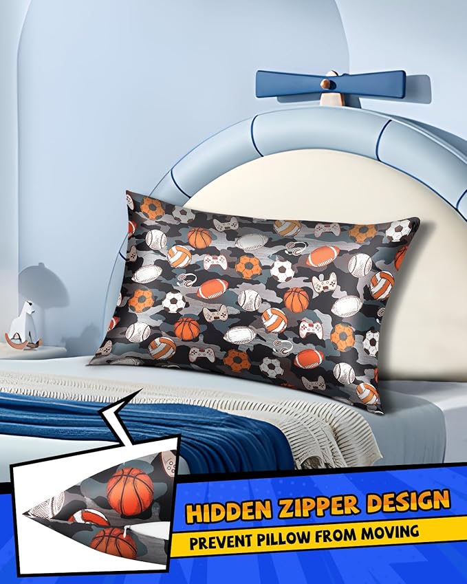 Silk Pillowcase for Kids - 30 x 20 Inches Queen Size Mulberry Silk Pillow Case with Zipper Cute Cartoon Kawaii Teens Girls Boys Pillowcase for Hair and Skin, Sports Elements