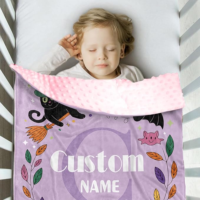 Personalized Halloween Blanket for Girls, Custom Baby Blanket with Name, Ghost & Bat Pattern Soft Minky Dot Blanket, Halloween Decor Christmas Birthday Gifts for Kids Toddlers