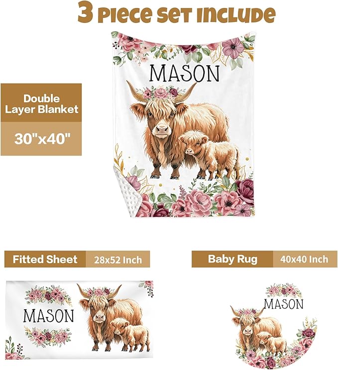 Custom Baby Crib Bedding Set, 3 Pcs Personalized Nursery Bedding Set with Name, Soft Baby Bedding Crib Sets with Blanket - Toddler Crib Sets for Girl Boy, Infant Newborn Gifts, Red Highland Cow