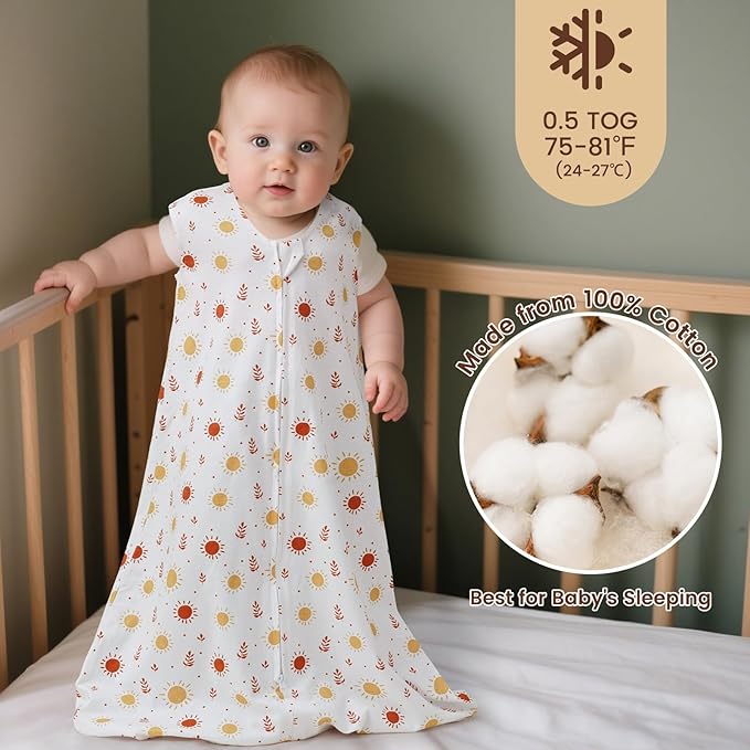 PHF Soft Baby Sleep Sack 6-12 Months 100% Organic Cotton Wearable Blanket, 2-Way Zipper 0.5 TOG Toddler Sleeping Sack 3 Pack, Comfy Sleep Bag for Baby Boys Girls, Rainbow (Medium)