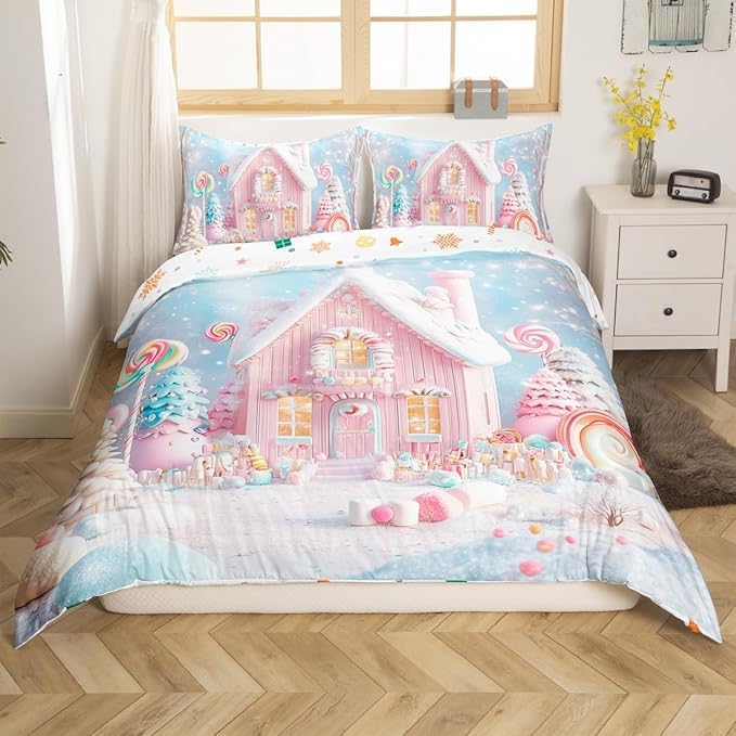 Manfei Christmas Kids Duvet Cover Set King Size, Cute Xmas Cabin Trees Bedding Set for Boys Girls Room Decor, New Year Theme Comforter Cover, Lightweight Bedspread Cover, 2 Pillowcases, No Comforter