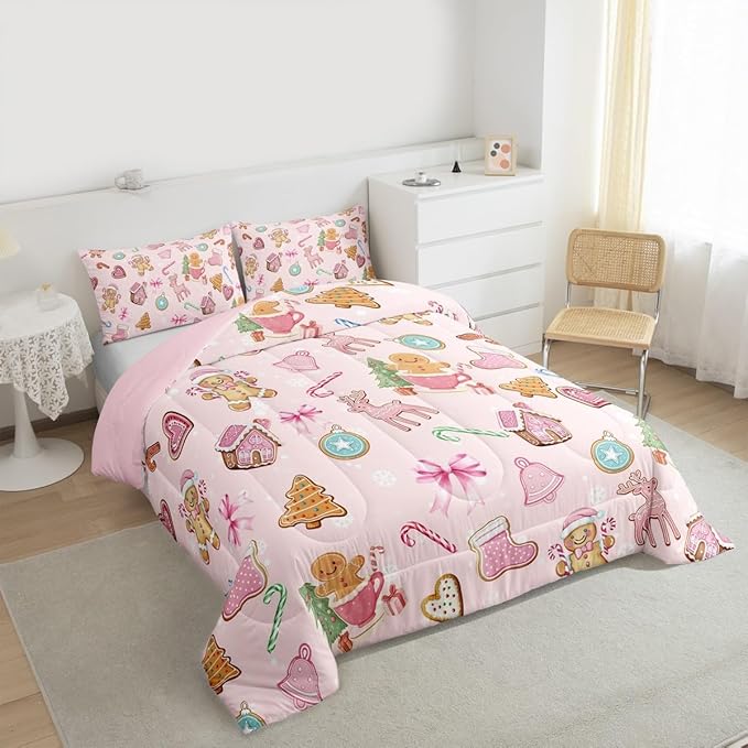 Merry Christmas Kids Comforter Set Twin Size,Gingerbread Man Elk Deer Bowknot Bedding Set Room Decor,Cute Girly Bow Tie Xmas Tree Quilt Comforter,Pink Colorful Duvet Set Bedroom Quilt Set,1 Pillowcase