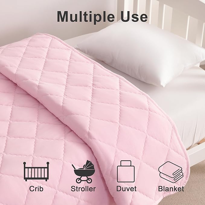 BEDSUM 100% Brushed Microfiber Down Alternative Toddler Comforter, Ultra Soft Lightweight and Warm Breathable Crib Quilted Blanket for Nursery Stroller Bed, 43x60 Inches, Pink