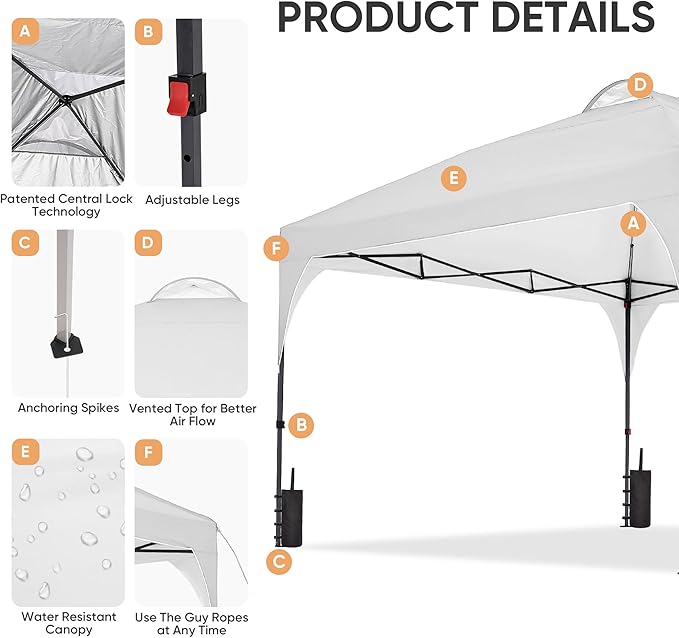 GDY 10x10 Pop Up Canopy Tent, Outdoor Gazebo with 4 Sandbags, Easy Up Canopy with 3 Adjustable Heights for Events, Parties, Camping, White.