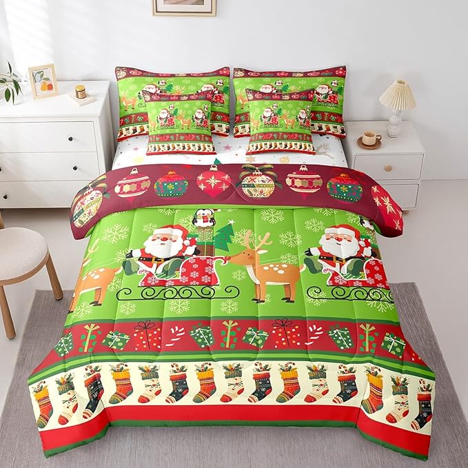 Feelyou Christmas Santa Claus Deer Bedding Set Cartoon Stockings Bedding Set for Kids Boys Girls Teens Decor Christmas Snowflake Bed in a Bag Kawaii Bed Set 7Pcs King Size