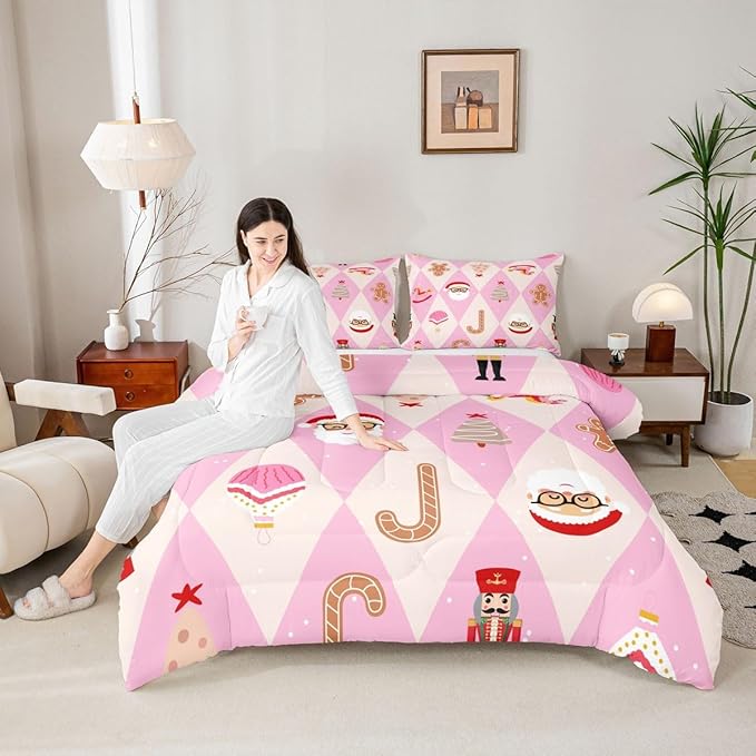 Feelyou Pink Christmas Kids Comforter Set Full Size Santa Claus Bedding Set Xmas Tree Nutcracker Soldier Duvet Quilt for Kids Boys Girls Bedroom Gingerbread Man Decor Microfiber Ultra Soft Breathable