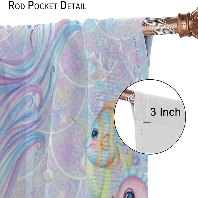 Mermaid Curtains for Girls Children Pink Sea Animal Mermaid Coral Bedroom Curtains for Living Room Room 52x84 Inch