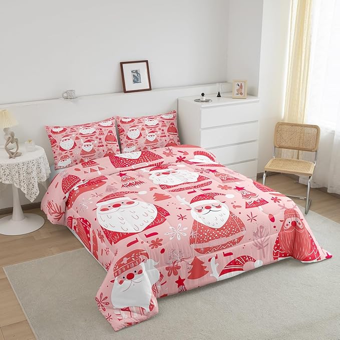 Feelyou Cute Santa Claus Bedding Set for Kids Boys Girls King Size Christmas Comforter Set Ultra Soft Winter Comforter Xmas Tree Duvet Quilt Bedroom Decor Christmas Decorations Quilt