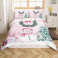 Manfei Christmas Kids Duvet Cover Set Queen Size, Cute Snowman Xmas Tree Bedding Set for Boys Girls Adults, Pink Bowknot Xmas Comforter Cover, Soft Polyester Quilt Cover, 2 Pillowcases, No Comforter