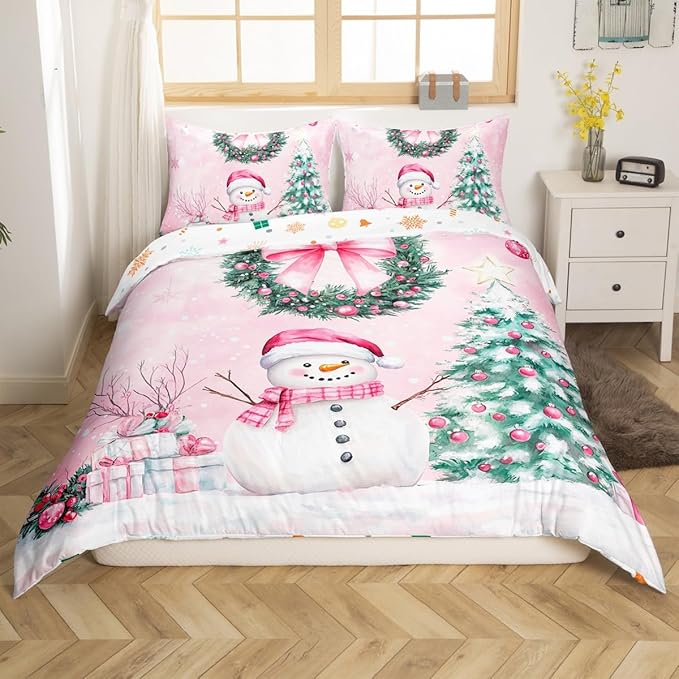 Manfei Christmas Kids Duvet Cover Set Queen Size, Cute Snowman Xmas Tree Bedding Set for Boys Girls Adults, Pink Bowknot Xmas Comforter Cover, Soft Polyester Quilt Cover, 2 Pillowcases, No Comforter