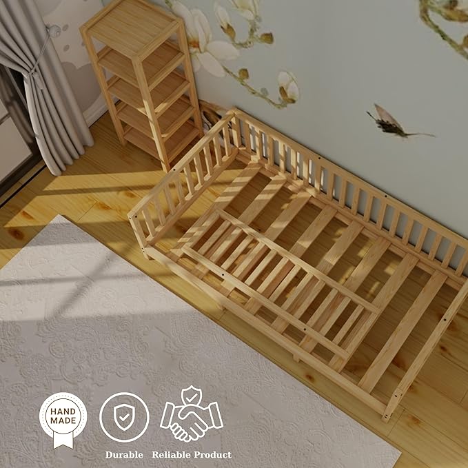 Montessori Floor Bed Designed with Open Front for Girls and Boys | Pine Wood Natural Solid Frame Beds Footed Model with Slats | Sturdy Designed Floor Bed Frame for Kids (Twin, Height : 23 Inches)