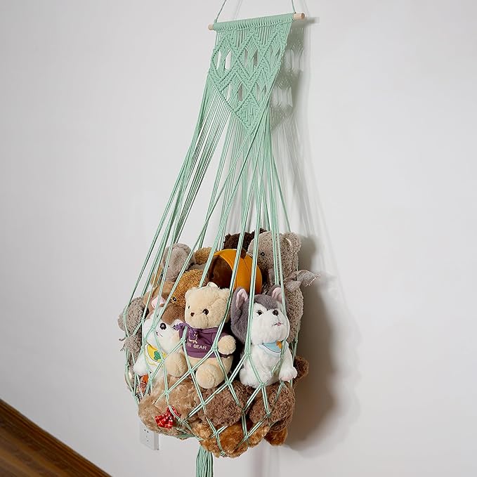 Stuffed Animal Hammock Wall Hanging Net for Stuffed Animal Net Stuffed Animal Storage Plush Toy Holder Toy Organizer for Boho Kidroom Nursery (Green)
