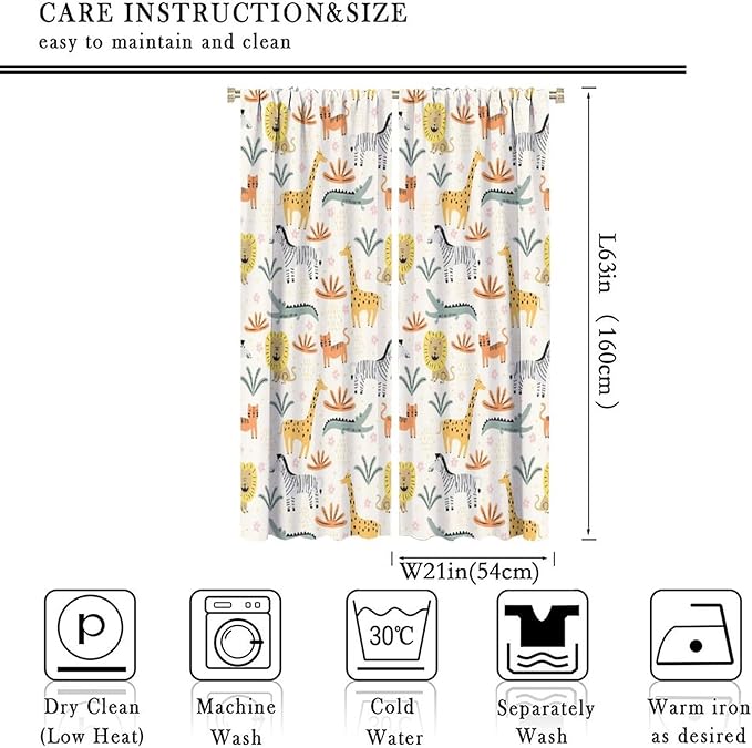 Wild Animals Curtains, Cute Cartoon Animals Zoo with Lion Zebra Crocodile Cat and Giraffe Tropical Jungle Plant Print Window Treatments for Kids Boys Girls Bedroom Living Room 42x63in