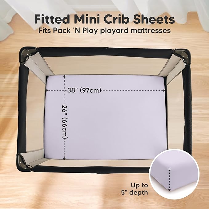 2-Pack Pack and Play Sheets, Waterproof Mini Crib Sheets Fitted - Organic Cotton Pack N Play Sheets for Graco Pack and Play Mattress, Playard Baby Crib Sheets, Neutral for Boy,Girl, Toddler (Lilac)