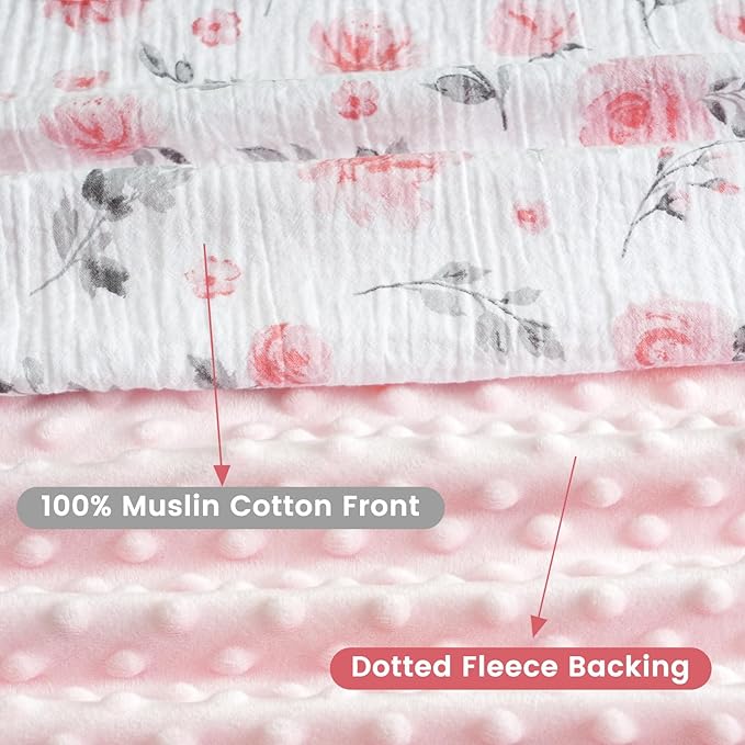 david's kids Muslin Minky Baby Blanket for Girls with Muslin Cotton Front and Dotted Fleece Backing, Breathable and Soft Lightweight Receiving Blanket for Newborns, 50x60 Inches, Floral