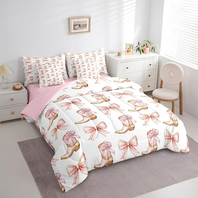 7 Pieces Western Cowgirl Comforter Set King,Pink Bowknot Cowgirl Boots Rustic Farmhouse Bedding Set,Bow Tie Geometric Patchwork Golden（Comforter+Fitted+Flat Sheet+2 Pillowcases+2 Throw Pillow Covers）