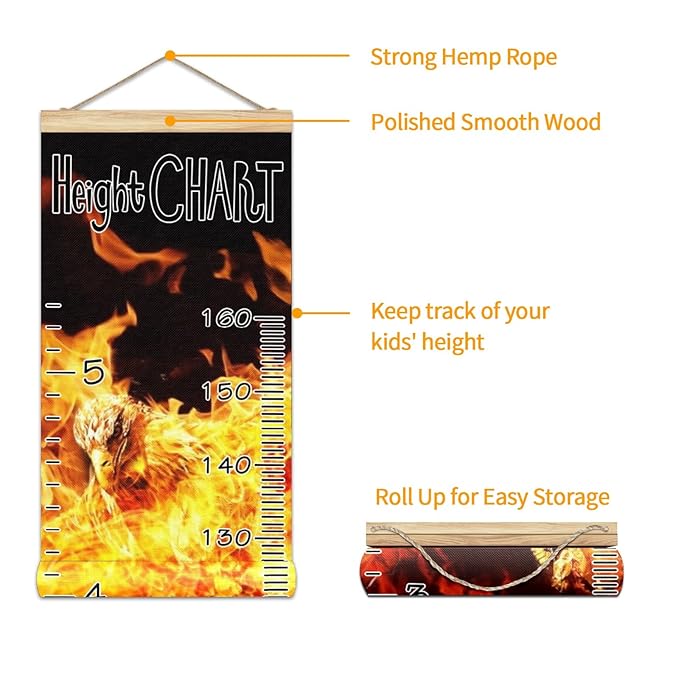 Kids Growth Chart Ruler for Wall Wood Frame Height Measure Chart 13.4x56 in Linen Hanging Height Growth Chart Animal Phoenix Bird Kids Room Decor