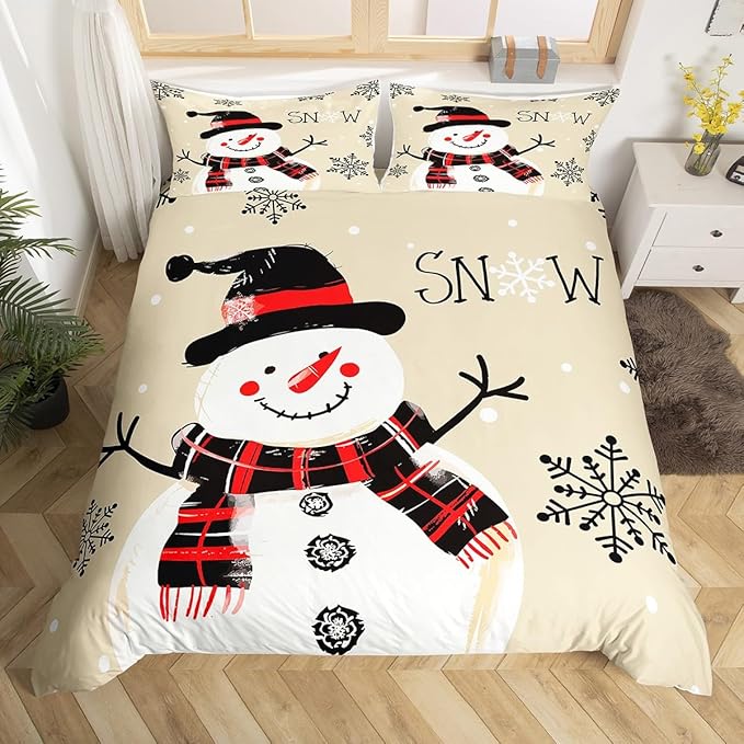 Manfei Kids Snowman Duvet Cover Set Queen Size, Black Snowflake Xmas Comforter Cover with 2 Pillowcases, Christmas Theme Bedding Set 3pcs for Boys Girls Adults New Year Bedspread Cover,No Comforter