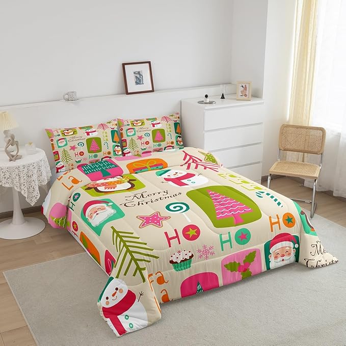 Erosebridal Xmas Decor Quilts Kids Santa Claus Christmas Tree Comforter Set Boys Girls Bedroom, Cartoon Snowflake Bedding Set Cute Snowman Down Comforter Queen Size