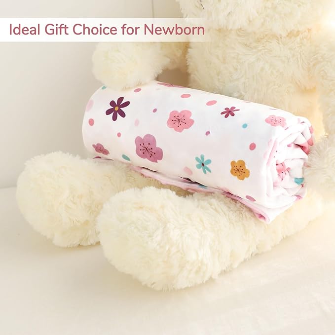 Pea Pod Baby Girls Blanket Soft Floral Minky Blanket for Newborn, 30'' x 40'' Double Layer Design, Dotted Backing Warm Baby Quilt Crib Blanket for Nursery/Stroller/Toddler Bed/Baby Car Seat