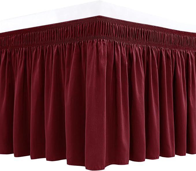 Biscaynebay Wrap Around Bed Skirts for Twin & Twin XL Beds Short Drop of 12", Burgundy Adjustable Elastic Dust Ruffles Easy Fit Wrinkle Resistant Silky Luxurious Fabric Machine Washable