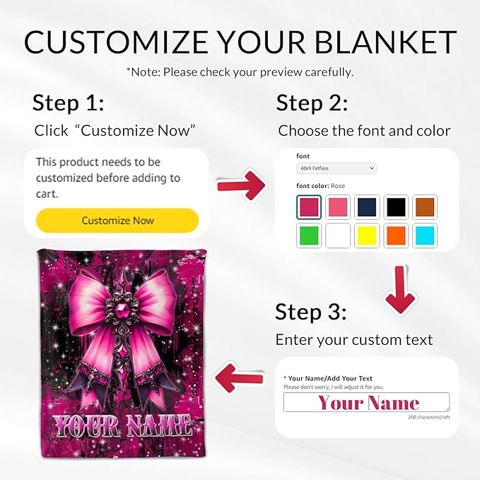 Personalized Girls Blanket - Personalized Bow Blankets for Kids, Teens - 50" x 60" Soft Fuzzy Pink Throw for Daughter