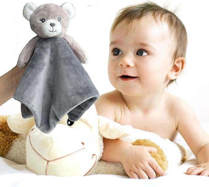 CREVENT Cozy Plush Baby Security Blanket Loveys for Baby Girls Boys, Stuffed Animal Ring Rattle Shaker Toy for Newborns (Bear)