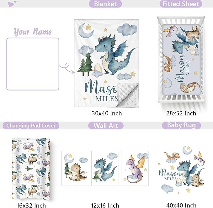Personalized Baby Crib Bedding Set, 5 Pcs Custom Name Nursery Bedding Set for Girls Boys, Dinosaur Baby Crib Set for Toddlers Infants, Double Layer Bedding Crib Sets Customized Gifts