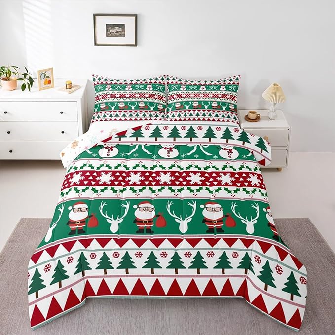 Feelyou Merry Christmas Tree Comforter Set Full Size Cute Snowman Bedding Set for Kids Boys Girls Santa Claus Duvet Quilt Cartoon Bowknot Bedroom Decor Microfiber 3 Pcs with 2 Pillow Cases