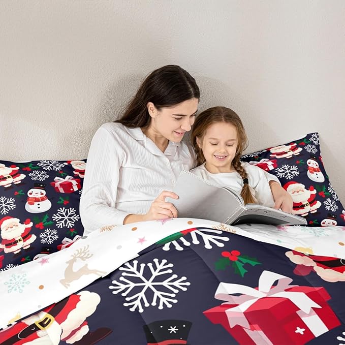 jejeloiu Merry Christmas Comforter Set Full Size Xmas Santa Claus Bedding Set for Kids Boys Girls Cute Snowman Duvet Quilt Dark Blue Bedroom Decor