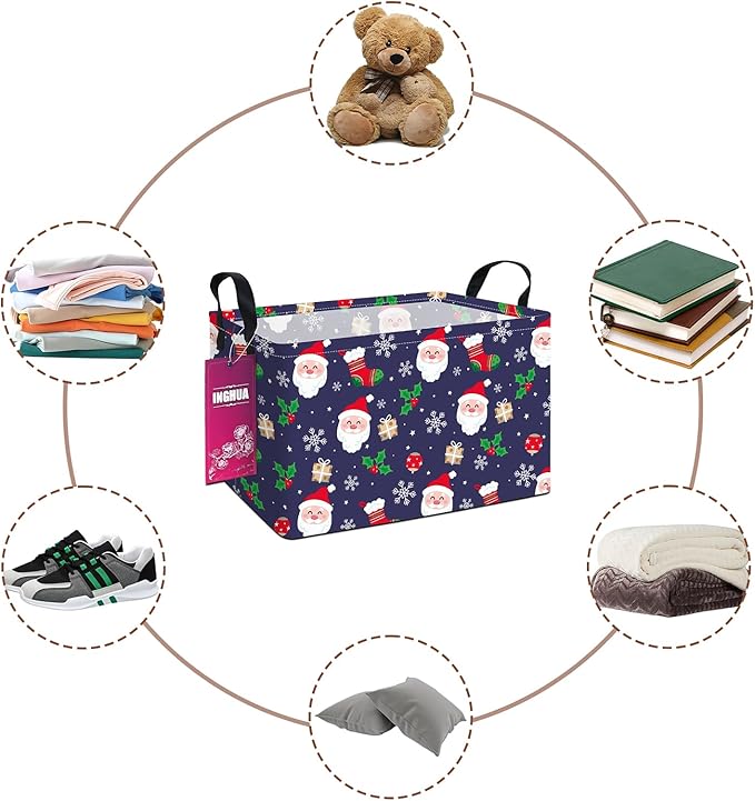 Rectangular Christmas Storage Basket Fabric Organizer Bin for Toys,Books,Clothes,Gifts,Pets-Perfect for Home,Office,Nursery,Dorm,Shelf(Rec-Christmas gift basket)