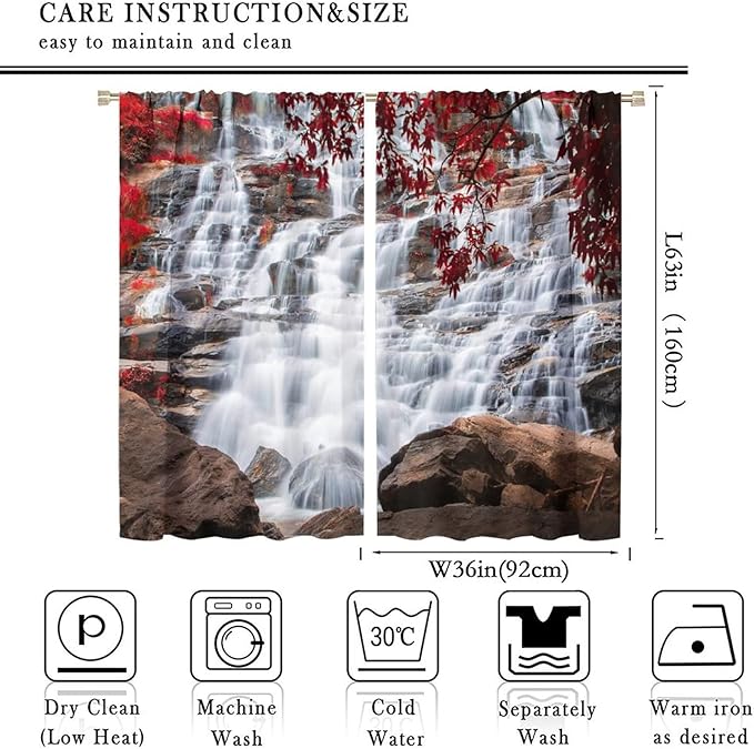 Waterfall Blackout Windows Curtains, Waterfall Red Forest Pattern Nature View Curtains, for Living Room Bedroom 72x63in 2 Panels