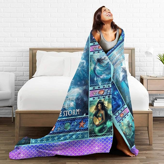 Mermaid Blanket for Girls Blue Ocean Throw Blankets Soft Cozy Warm Fuzzy Fleece Marine Life Shells Bedding Flannel Throws Stuffed Animal Gifts for Mermaid Lovers Kids Men Women Bedroom Decor 50"x40"