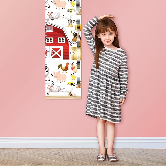 Personalized Kids Name Growth Chart Ruler for Wall Wood Frame Height Measure Chart 13.4x56 in Linen Hanging Height Growth Chart Farm Animals Horse Red Barn Kids Room Decor
