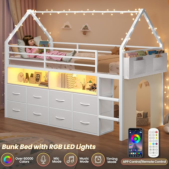 BTHFST Twin Size Loft Bed for Kids, 8 Storage Drawers & LED Lights, House Shaped Metal Bed with Bookcase, Soft Foam Ladder, 13.4" Safety Guardrail, Space Saving, Fun Curtain