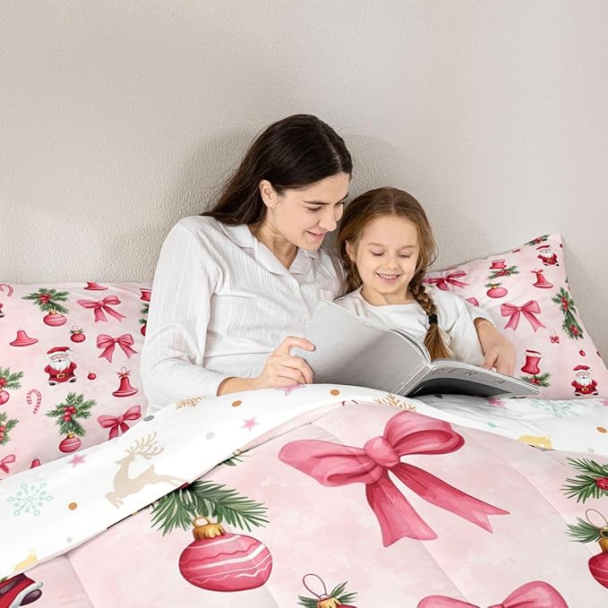 Feelyou Santa Claus Bedding Set Soft for Boys Girls, Pink Bow Comforter Set Queen Size Christmas Ornament Duvet Quilt Microfiber Candy Cane Bedroom Decor Holly Berry 3 Pcs with 2 Pillow Cases