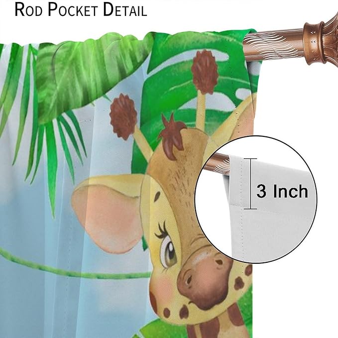 Kids Animals Blackout Curtains Watercolor Cartoon Cute Animals Green Jungle Art Printed for Children Girls Boys Bedroom Nursery Rod Pocket Decoration Window Drapes 2 Panels W21xL54in