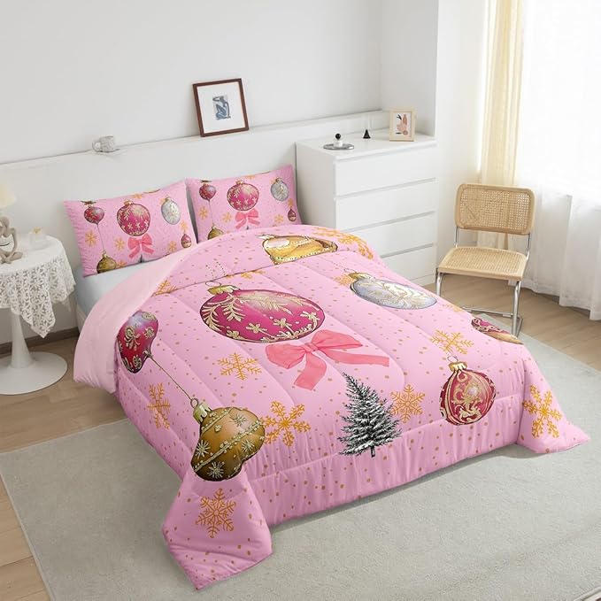 Erosebridal Merry Christmas King Bedding Sets Xmas Tree Comforter Sets Kids Snowflake Happy New Year Down Comforter for Boys Girls Pink Bownot Decor Bed Set