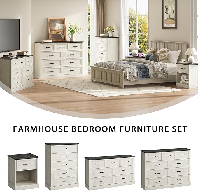 CARPETNAL Farmhouse Dresser and Nightstand Sets for Bedroom, 3 Pcs Bedroom Set, 9 Drawer Dresser & Nightstand Set of 2, Modern Wood Chest of Drawers for Bedroom, Living Room, Entryway, White