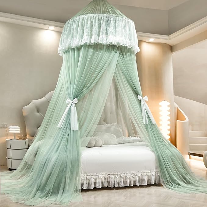 AIKASY Princess Bed Canopy for Girls – Double Layer Sheer Mesh Dome with Romantic Lace Trim, Dreamy Mosquito Net Tent for Twin/Full/Queen/King Beds(Mint Green)